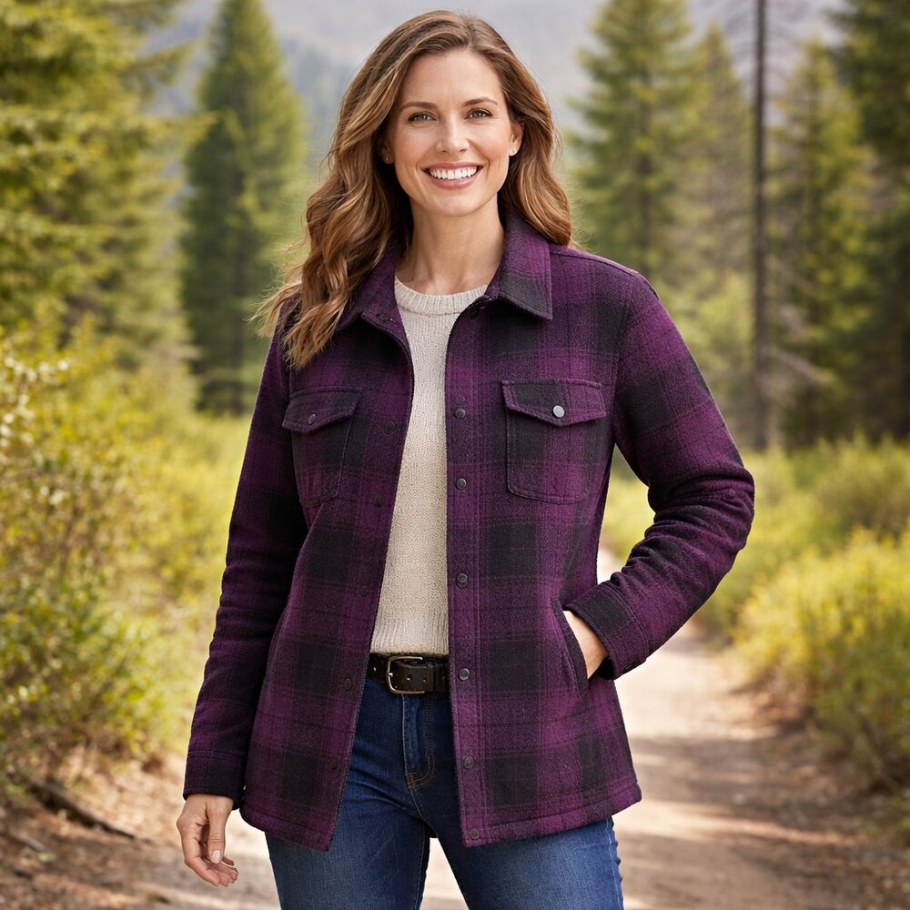 Duluth Trading Jacket Women's Medium Free‎ Swinging Flannel Lined Purple Black